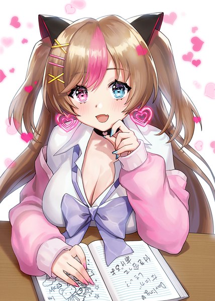 Anime picture 713x1000 with girls frontline mk23 (girls frontline) mk23 (new term begins with a meow) (girls frontline) noixen single long hair tall image looking at viewer blush fringe open mouth blue eyes light erotic simple background smile brown hair white background upper body long sleeves nail polish