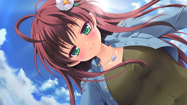 Anime picture 1280x720 with melty moment ayazaki sumire single long hair looking at viewer blush smile wide image green eyes game cg sky purple hair cloud (clouds) hair flower girl hair ornament flower (flowers)