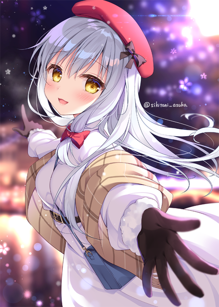 Anime picture 640x895 with original shikitani asuka single long hair tall image looking at viewer blush open mouth signed yellow eyes silver hair :d twitter username spread arms pointing tress ribbon girl gloves bow hair bow