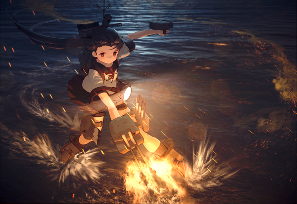 Anime picture 1747x1200 with kantai collection ayanami destroyer soe single long hair highres black hair brown eyes looking away full body pleated skirt from above wind night short sleeves lens flare outstretched arm side ponytail smoke serious
