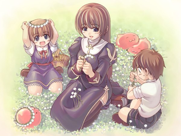 Anime picture 1750x1313 with ragnarok online priest (ragnarok online) poring xration long hair looking at viewer fringe highres short hair brown hair sitting multiple girls holding payot looking away full body outdoors arm up black eyes loli