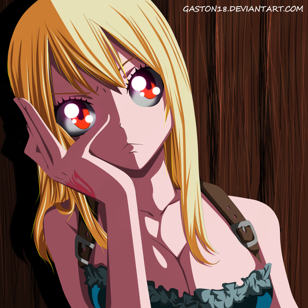 Anime picture 5000x5000 with fairy tail lucy heartfilia tongasart single long hair highres blonde hair absurdres arm support orange eyes tattoo coloring girl dress wall