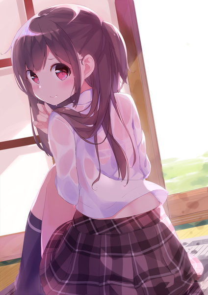 Anime picture 848x1200 with original chikuwa. single long hair tall image looking at viewer blush light erotic red eyes brown hair sitting looking back sunlight embarrassed plaid skirt wet clothes wet shirt girl skirt socks