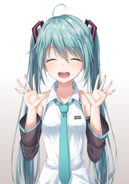 Anime picture 800x1143 with vocaloid hatsune miku akira (been0328) single long hair tall image open mouth simple background twintails upper body ahoge eyes closed aqua hair gradient background ^ ^ ^o^ girl detached sleeves necktie