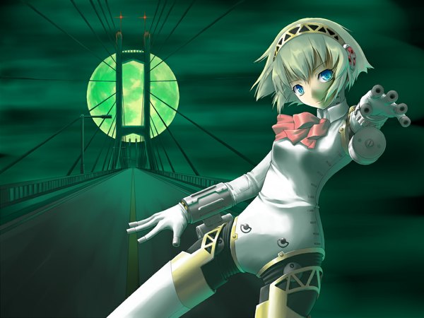 Anime picture 1152x864 with persona 3 persona aegis looking at viewer short hair blue eyes blonde hair night night sky skin tight moon bridge android