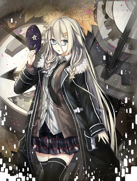 Anime picture 900x1188 with vocaloid ia (vocaloid) echj single long hair tall image looking at viewer fringe open mouth blonde hair standing braid (braids) grey eyes alternate costume zettai ryouiki twin braids girl thighhighs skirt hair ornament
