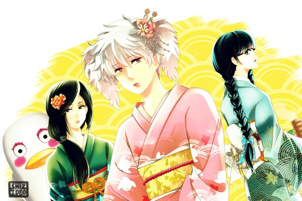 Anime picture 2000x1333 with gintama sunrise (studio) sakata gintoki katsura hinagiku shimura shinpachi elizabeth paako zurako shizideo long hair blush highres open mouth black hair twintails brown eyes ponytail braid (braids) japanese clothes looking back