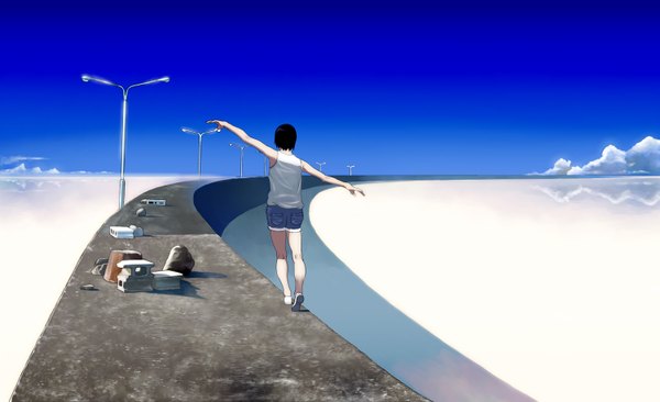Anime-Bild 1500x916 mit shiira single short hair black hair wide image sky cloud (clouds) from behind shadow reflection spread arms girl shorts stone (stones) lamppost