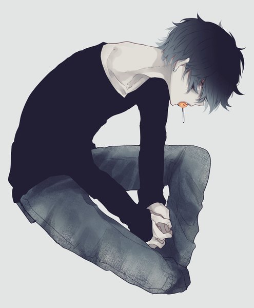Anime picture 1275x1546 with original zabeo0125 single tall image fringe short hair black hair simple background hair between eyes sitting holding profile grey background leaning leaning forward mouth hold looking down gradient hair food in mouth boy