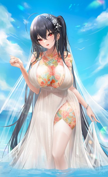 Anime picture 1548x2529 with azur lane taihou (azur lane) taihou (temptation on the sea breeze) (azur lane) liu liaoliao single tall image looking at viewer blush fringe breasts open mouth light erotic black hair hair between eyes red eyes standing signed payot sky cleavage