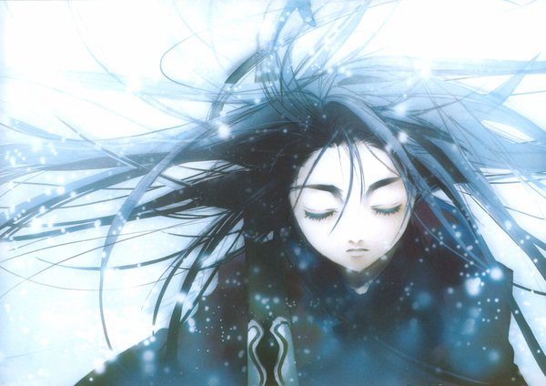 Anime picture 2011x1422 with highres black hair blue hair eyes closed snowing winter pale skin girl weapon sword katana