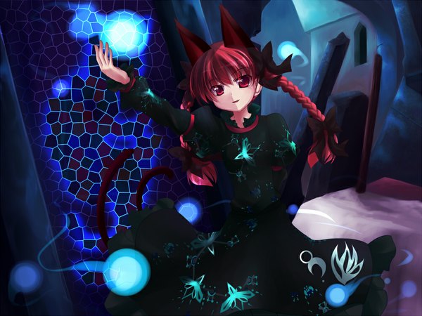 Anime picture 1000x750 with touhou kaenbyou rin makino (ukiuo) single long hair red eyes animal ears red hair braid (braids) cat ears cat girl cat tail extra ears ghost girl dress bow hair bow
