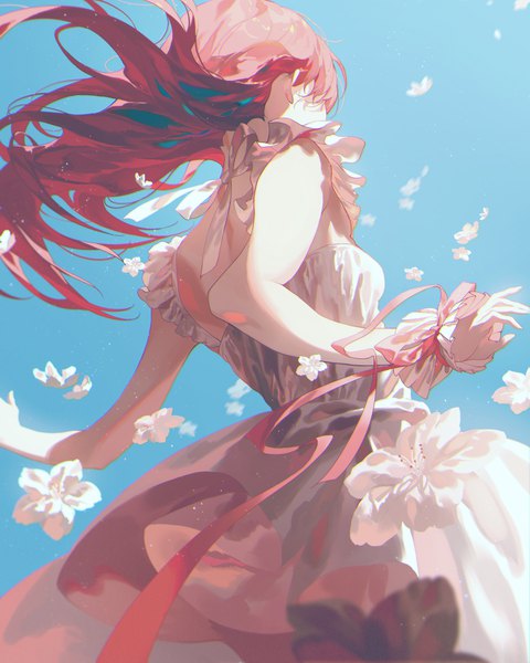 Anime picture 3200x4000 with original fajyobore single long hair tall image highres simple background standing pink hair absurdres from behind from below sleeveless floating hair blue background girl dress flower (flowers) ribbon (ribbons) white dress