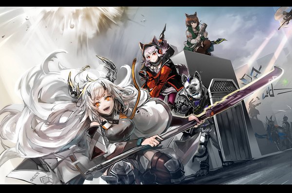 Anime picture 1800x1187 with arknights tagme (character) amiya (arknights) frostleaf (arknights) matoimaru (arknights) matterhorn (arknights) spot (arknights) catapult (arknights) comaza looking at viewer highres short hair open mouth red eyes brown hair multiple girls animal ears silver hair white hair very long hair