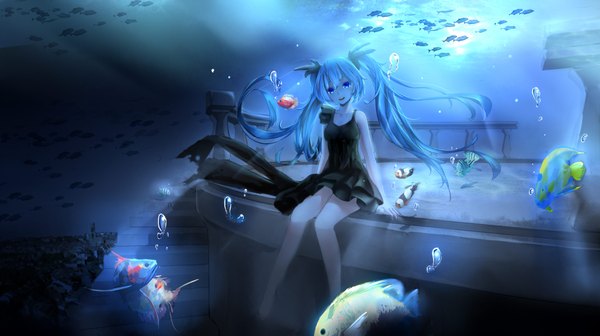 Anime picture 4096x2300 with vocaloid shinkai shoujo (vocaloid) hatsune miku magicians (zhkahogigzkh) single long hair looking at viewer fringe highres open mouth blue eyes wide image sitting twintails absurdres barefoot bare legs legs underwater girl