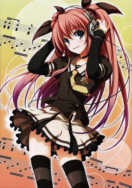 Anime picture 4920x7000 with akatsuki no goei nikaidou reika tomose shunsaku single long hair tall image looking at viewer blush fringe highres blue eyes smile hair between eyes twintails absurdres red hair zettai ryouiki hand on headphones girl thighhighs