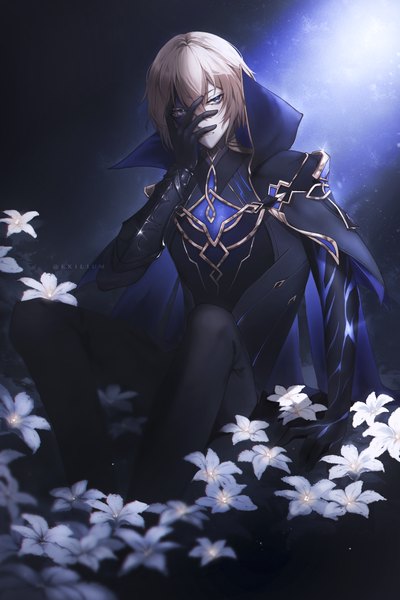 Anime picture 3000x4500 with genshin impact dainsleif (genshin impact) mercy (ex1l1um) single tall image fringe highres short hair blue eyes blonde hair hair between eyes sitting looking away hand on face boy gloves flower (flowers) black gloves