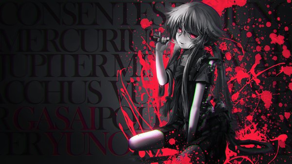 Anime picture 1920x1080 with mirai nikki gasai yuno chemist flow single long hair looking at viewer fringe highres smile hair between eyes wide image sitting twintails holding payot bent knee (knees) parted lips head tilt pleated skirt pink eyes