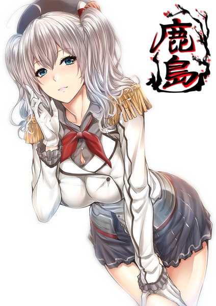 Anime picture 707x1000 with kantai collection kashima training cruiser zucchini single long hair tall image looking at viewer blush fringe breasts blue eyes simple background large breasts standing twintails silver hair ahoge pleated skirt light smile inscription
