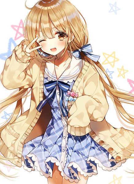 Anime picture 802x1100 with idolmaster idolmaster cinderella girls idolmaster cinderella girls starlight stage futaba anzu weri single long hair tall image looking at viewer blush fringe open mouth simple background blonde hair smile hair between eyes standing white background twintails brown eyes