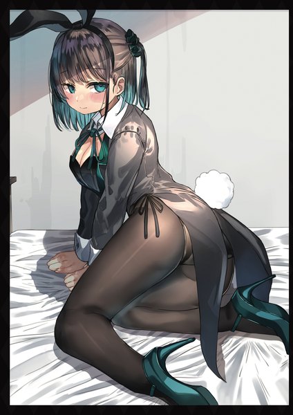 Anime picture 1357x1920 with original ranf single tall image blush fringe short hair breasts blue eyes light erotic black hair animal ears cleavage tail blunt bangs long sleeves animal tail multicolored hair light smile two-tone hair