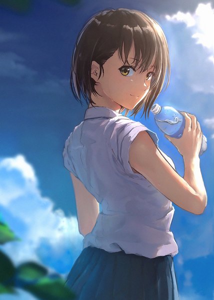 Anime picture 1277x1791 with original sugi87 single tall image looking at viewer fringe short hair hair between eyes brown hair holding brown eyes sky cloud (clouds) outdoors pleated skirt looking back light smile from behind depth of field turning head