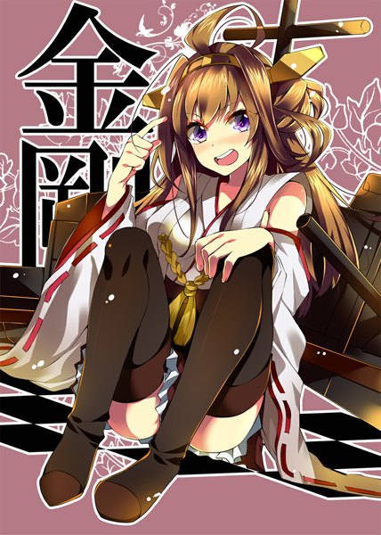 Anime picture 800x1122 with kantai collection kongou battleship akishima kei single long hair tall image looking at viewer open mouth smile brown hair sitting purple eyes bare shoulders traditional clothes japanese clothes censored convenient censoring nontraditional miko girl thighhighs