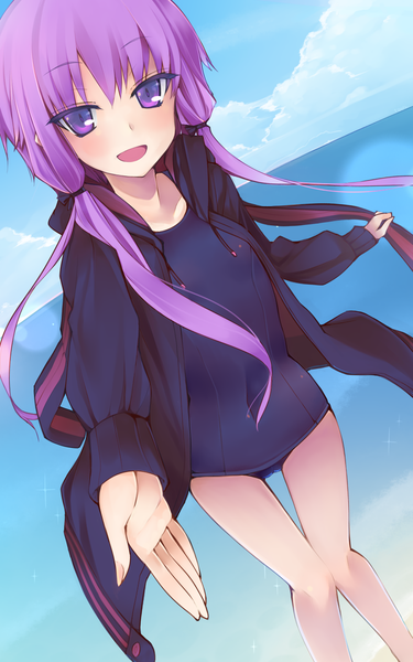 Anime-Bild 800x1280 mit vocaloid yuzuki yukari tagme (artist) single long hair tall image looking at viewer blush breasts open mouth light erotic smile purple eyes twintails sky purple hair cloud (clouds) bent knee (knees) fingernails open clothes