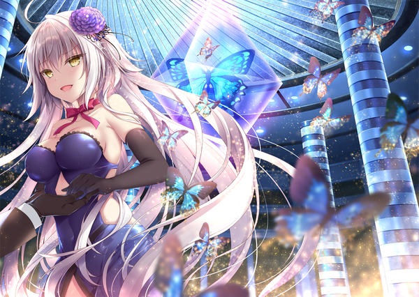 Anime picture 1125x800 with fate (series) fate/grand order jeanne d'arc (fate) (all) jeanne d'arc alter (fate) shikitani asuka blush fringe breasts open mouth smile hair between eyes bare shoulders yellow eyes looking away silver hair ahoge very long hair hair flower holding hands solo focus