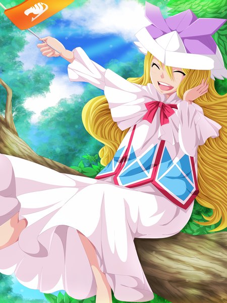 Anime picture 3600x4800 with fairy tail mavis vermillion khalilxpirates single long hair tall image highres open mouth blonde hair smile absurdres sky cloud (clouds) loli coloring laughing girl dress plant (plants) tree (trees)