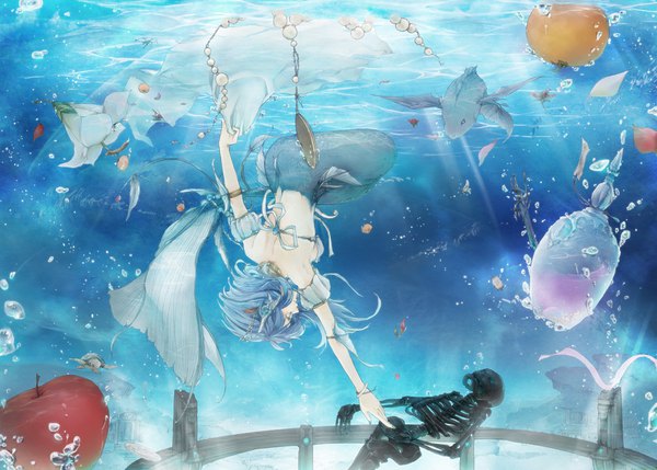 Anime picture 1000x715 with original akemori kiko single short hair blue eyes blue hair profile sunlight outstretched arm underwater sunbeam upside down monster girl skeleton girl flower (flowers) detached sleeves animal bracelet bubble (bubbles)