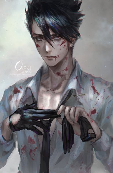 Anime picture 900x1372 with original oreki genya single tall image looking at viewer fringe short hair black hair simple background hair between eyes red eyes signed upper body grey background undressing expressionless partially open clothes blood on face bloody clothes blood stains