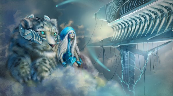 Anime picture 1800x996 with original sheer-madness long hair highres blue eyes wide image sky cloud (clouds) aqua eyes realistic ruins electricity science fiction girl gloves animal wire (wires) tiger