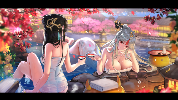 Anime picture 1920x1080 with genshin impact ningguang (genshin impact) slime (genshin impact) beidou (genshin impact) swordsouls long hair looking at viewer highres breasts light erotic black hair smile red eyes wide image large breasts sitting multiple girls holding payot cleavage