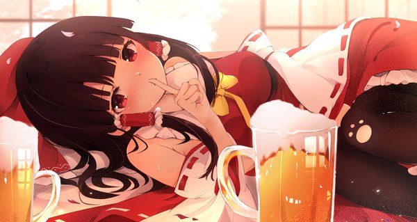Anime picture 1910x1017 with touhou hakurei reimu hunya single long hair looking at viewer blush fringe highres black hair red eyes wide image bare shoulders payot bent knee (knees) indoors lying blunt bangs traditional clothes japanese clothes