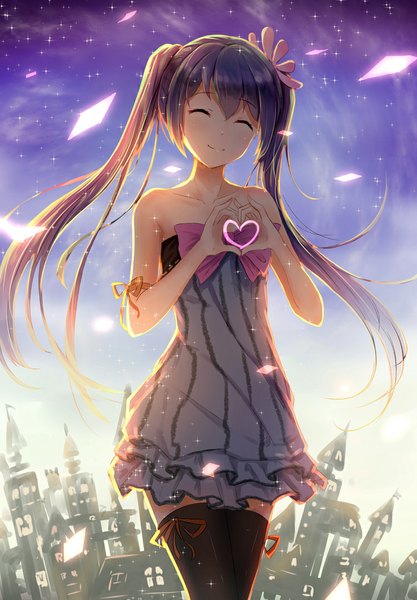 Anime picture 751x1080 with vocaloid hatsune miku byakuya reki single long hair tall image smile twintails bare shoulders blue hair eyes closed heart hands girl thighhighs dress black thighhighs heart