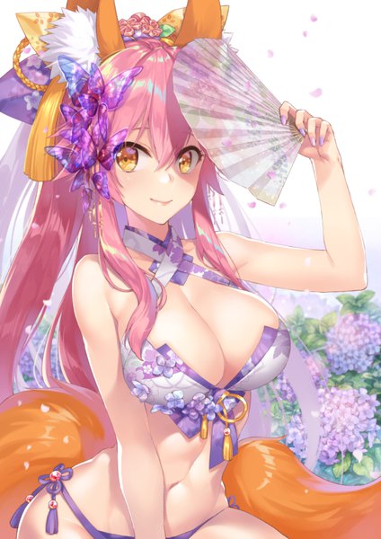 Anime picture 694x982 with fate (series) fate/extra tamamo (fate) (all) tamamo no mae (fate) demmy single long hair tall image looking at viewer blush fringe breasts light erotic smile hair between eyes large breasts bare shoulders holding animal ears yellow eyes