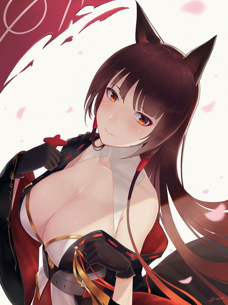 Anime picture 1440x1920 with azur lane akagi (azur lane) alexiel (artist) single long hair tall image looking at viewer blush fringe breasts light erotic simple background red eyes brown hair large breasts standing white background holding signed animal ears
