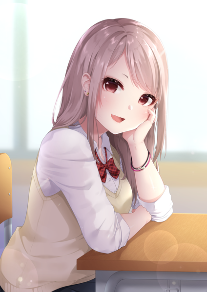 Anime picture 2894x4093 with original nekonomimi single long hair tall image looking at viewer blush fringe highres breasts open mouth smile red eyes sitting payot silver hair indoors :d blurry shadow