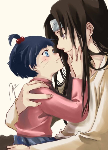 Anime picture 3766x5229 with naruto studio pierrot naruto (series) hyuuga neji uzumaki himawari aya (pixiv4827313) long hair tall image blush highres short hair blue eyes simple background brown hair sitting purple eyes blue hair absurdres profile light smile