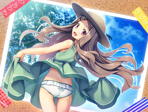 Anime picture 1600x1212 with yama no susume 8bit aoba kokona chima q single long hair looking at viewer fringe open mouth light erotic smile red eyes brown hair standing sky ass :d looking back wind from behind