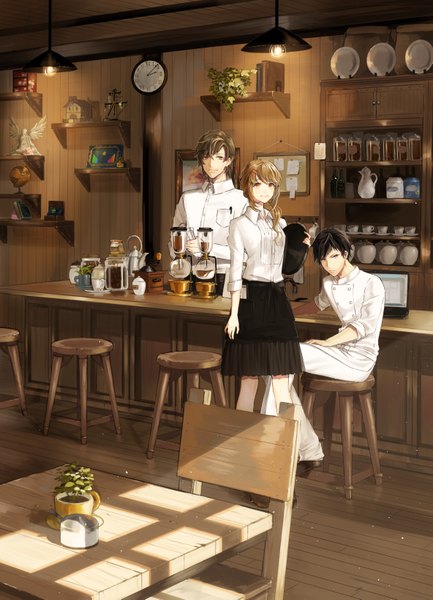 Anime picture 1183x1637 with original vient long hair tall image looking at viewer short hair black hair brown hair standing sitting brown eyes multiple boys orange eyes waitress restaurant waiter girl boy skirt shirt