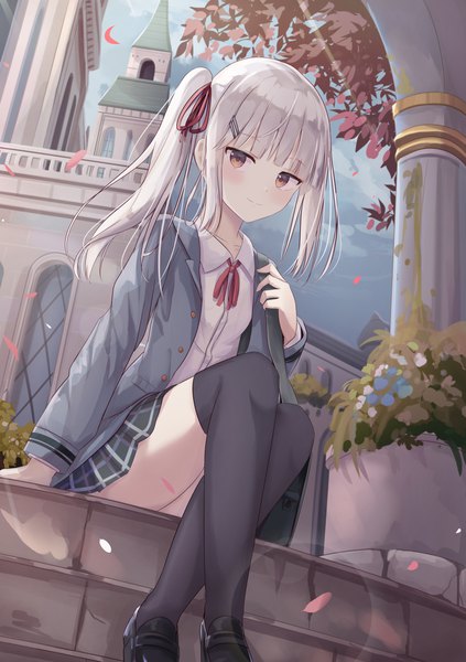 Anime picture 1416x2006 with original touhourh single long hair tall image looking at viewer blush fringe smile sitting brown eyes sky silver hair cloud (clouds) outdoors blunt bangs long sleeves pleated skirt arm support open jacket