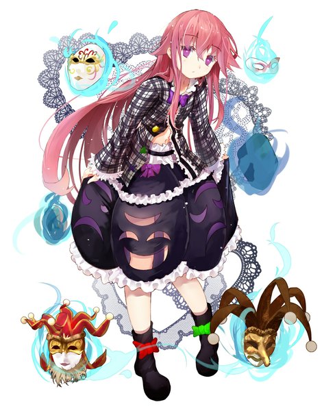 Anime picture 750x950 with touhou hata no kokoro efe single long hair tall image looking at viewer fringe simple background white background purple eyes pink hair bare belly glowing plaid adapted costume girl skirt navel bow