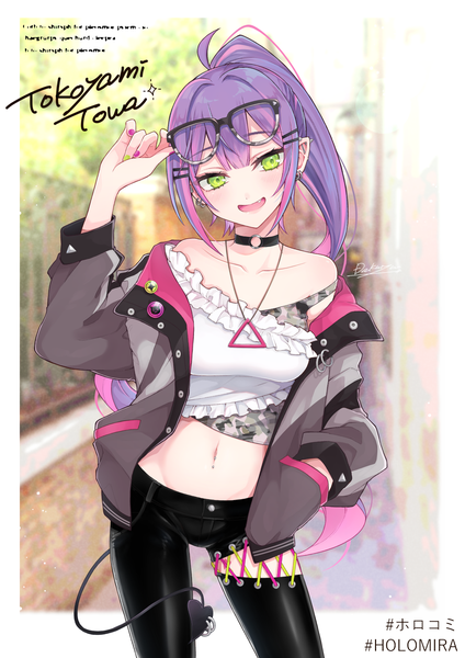 Anime picture 1158x1637 with virtual youtuber hololive tokoyami towa dakuryuu single long hair tall image green eyes signed purple hair ahoge ponytail tail nail polish multicolored hair open jacket midriff character names piercing ear piercing