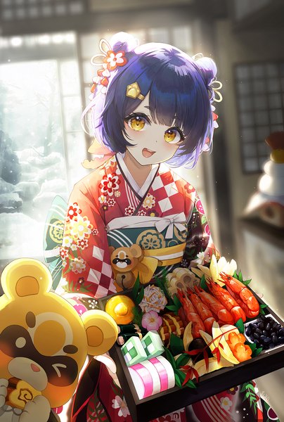 Anime picture 1248x1853 with genshin impact xiangling (genshin impact) guoba (genshin impact) pistachiocream single tall image looking at viewer short hair open mouth yellow eyes blue hair traditional clothes head tilt :d japanese clothes hair bun (hair buns) new year girl hair ornament food