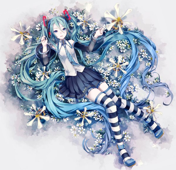 Anime picture 1418x1372 with vocaloid hatsune miku hatsune miku (vocaloid3) ixima single long hair looking at viewer open mouth twintails lying very long hair nail polish aqua eyes aqua hair on back zettai ryouiki striped girl thighhighs skirt