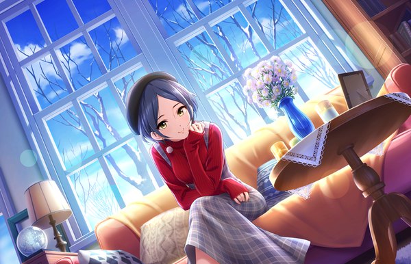 Anime picture 1280x824 with idolmaster idolmaster cinderella girls idolmaster cinderella girls starlight stage hayami kanade single looking at viewer short hair black hair smile sitting yellow eyes indoors official art sleeves past wrists plaid skirt chin rest twintail no kaze girl skirt flower (flowers)