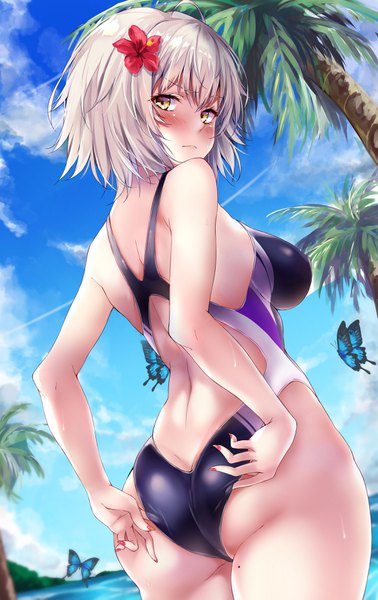 Anime picture 2234x3541 with fate (series) fate/grand order jeanne d'arc (fate) (all) jeanne d'arc alter (fate) marisasu (marisa0904) single tall image looking at viewer blush fringe highres short hair breasts light erotic hair between eyes standing yellow eyes sky silver hair cloud (clouds)