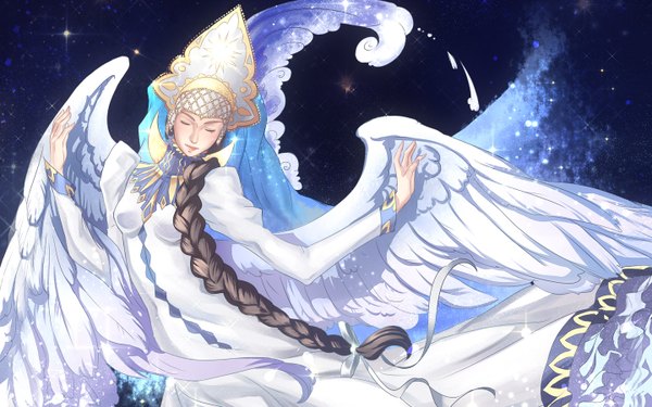 Anime picture 1440x900 with the tale of tsar saltan swan princess kaminary single long hair brown hair wide image braid (braids) eyes closed traditional clothes single braid angel wings crescent russian clothes girl dress ribbon (ribbons) wings white dress wave (waves)